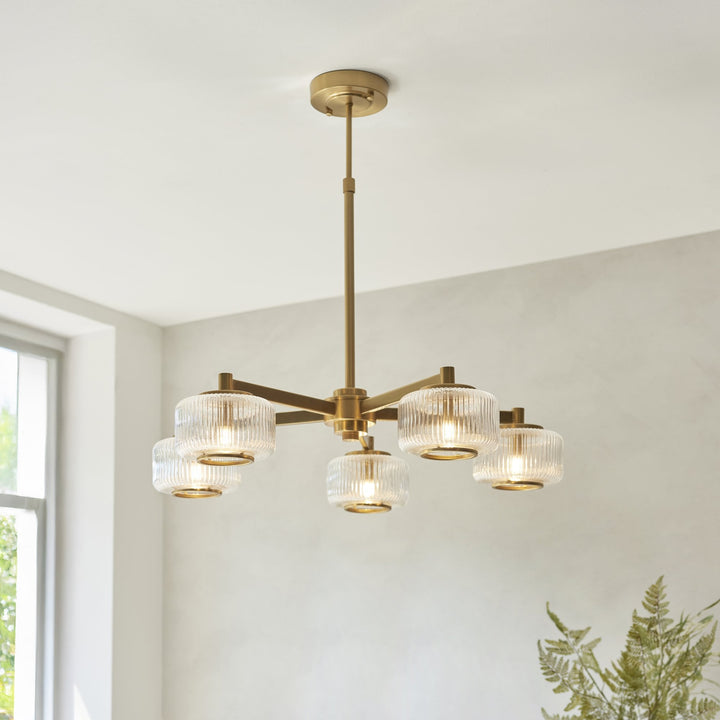 Endon 120635 Stamford 5 Light Pendant Brushed Aged Brass Plate & Clear Ribbed Glass