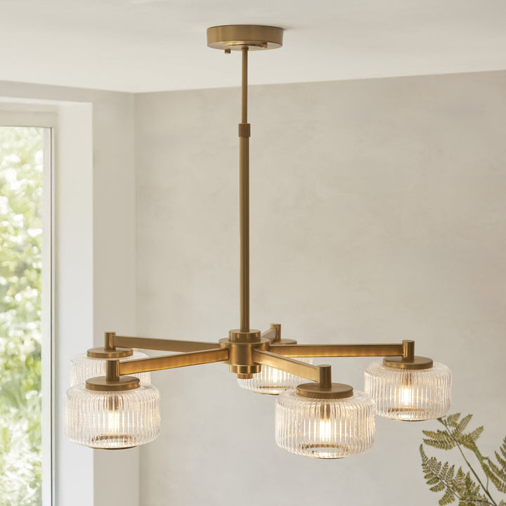 Endon 120635 Stamford 5 Light Pendant Brushed Aged Brass Plate & Clear Ribbed Glass