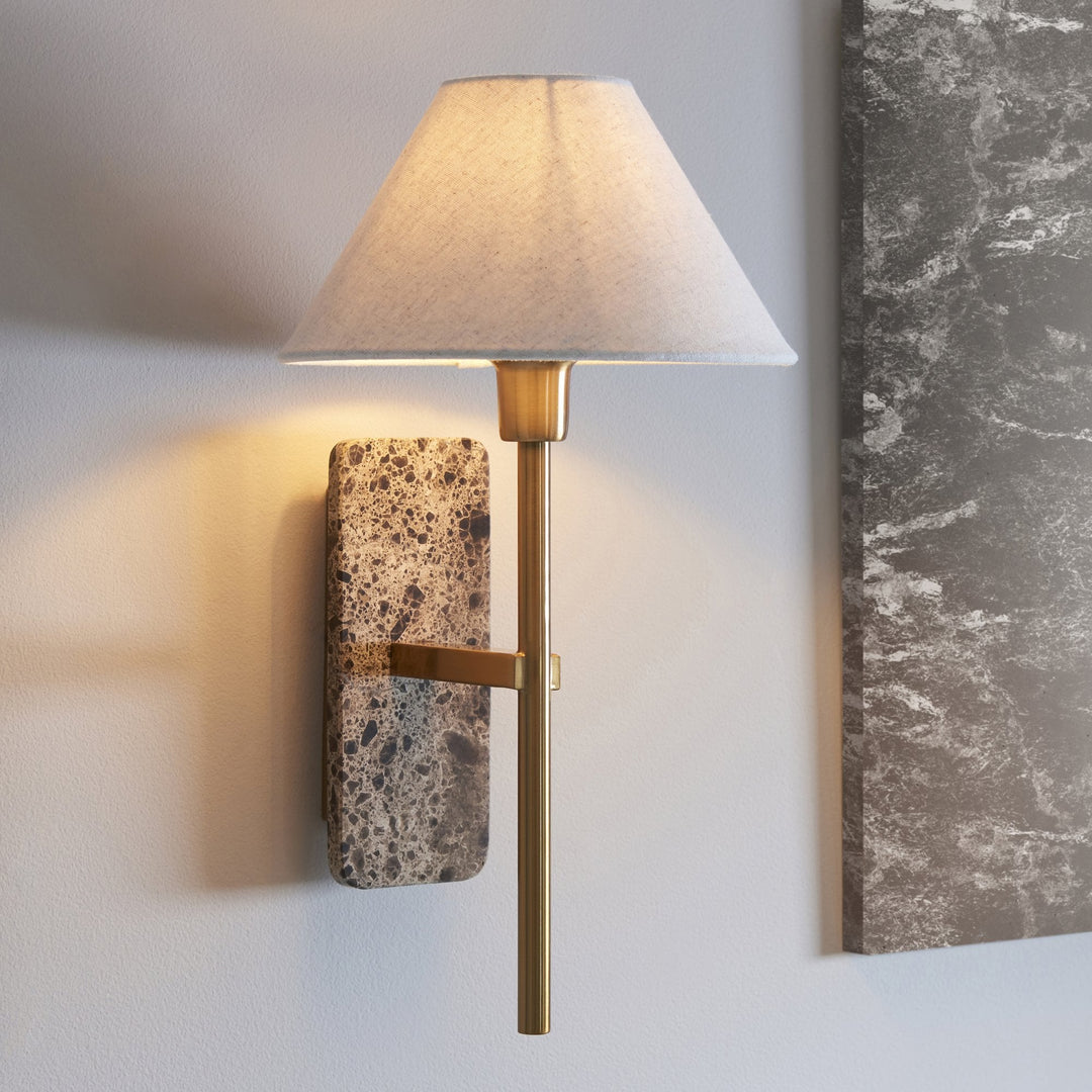 Endon 120636 Faro Wall Light Dark Brown Emperador Marble &amp; Vintage Brass With Natural Linen