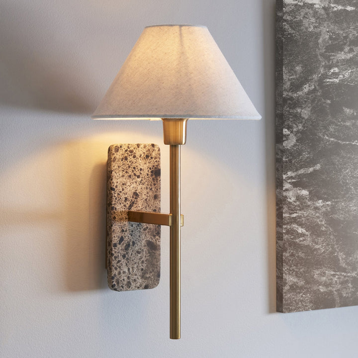 Endon 120636 Faro Wall Light Dark Brown Emperador Marble &amp; Vintage Brass With Natural Linen