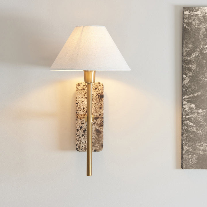 Endon 120636 Faro Wall Light Dark Brown Emperador Marble &amp; Vintage Brass With Natural Linen