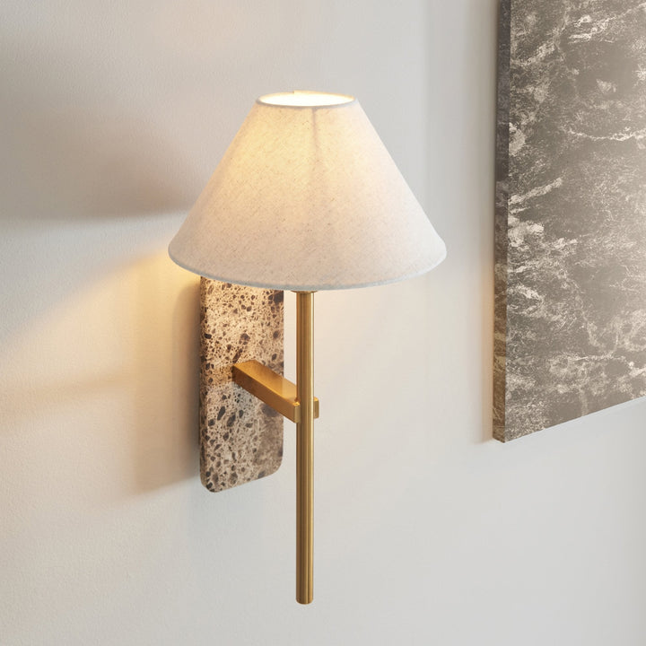 Endon 120636 Faro Wall Light Dark Brown Emperador Marble &amp; Vintage Brass With Natural Linen