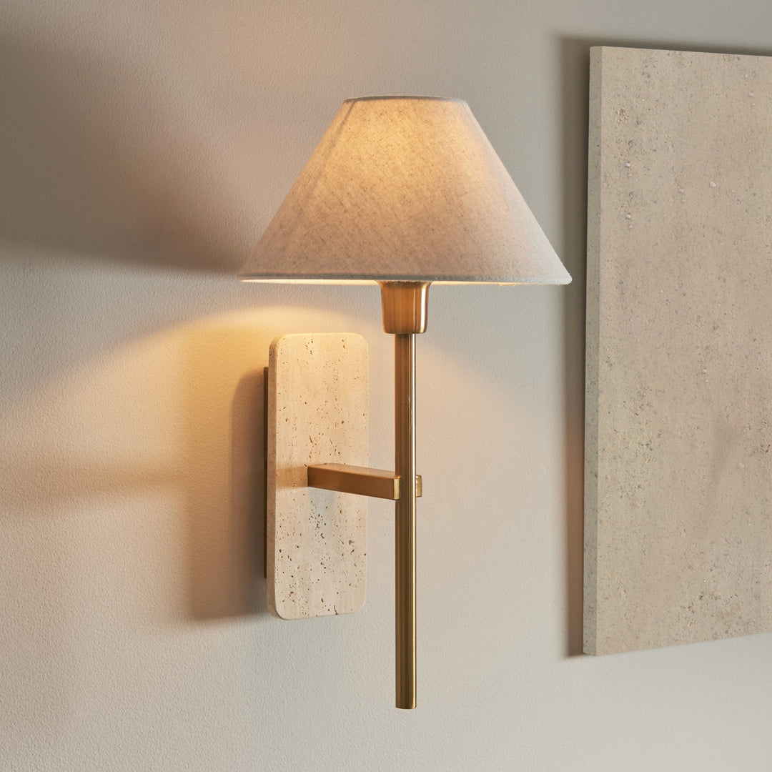 Endon 120637 Faro Wall Light Natural Travertine & Vintage Brass With Natural Linen