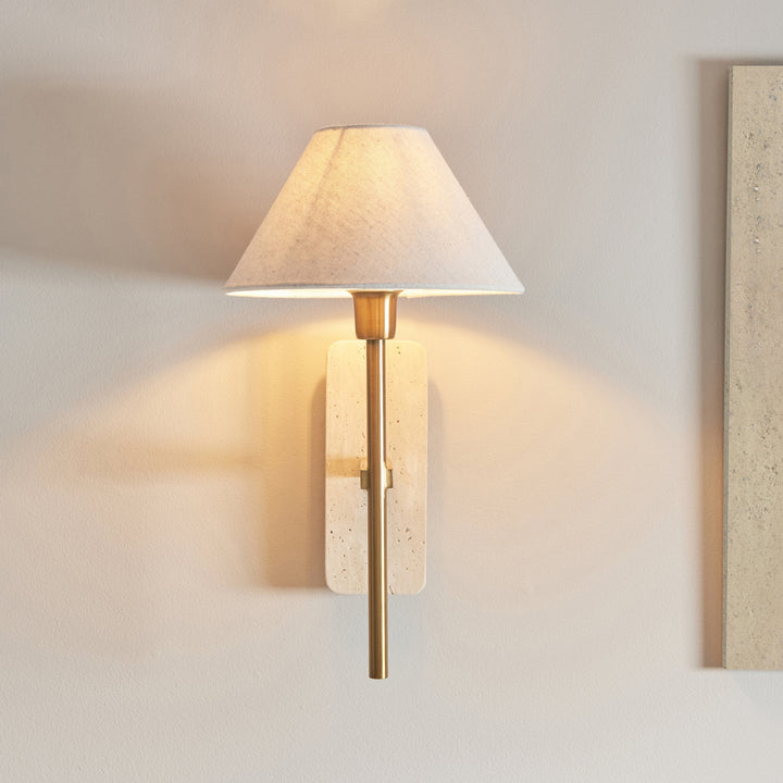 Endon 120637 Faro Wall Light Natural Travertine & Vintage Brass With Natural Linen