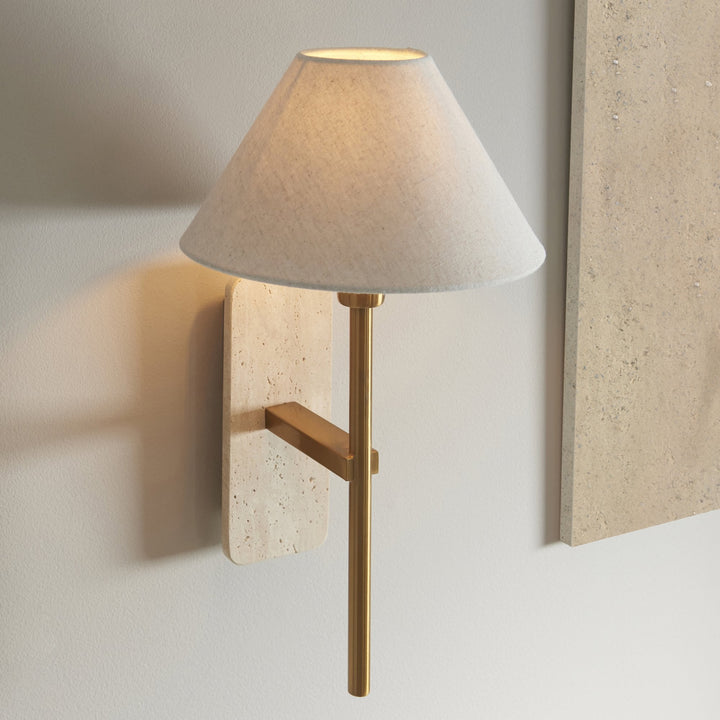 Endon 120637 Faro Wall Light Natural Travertine & Vintage Brass With Natural Linen