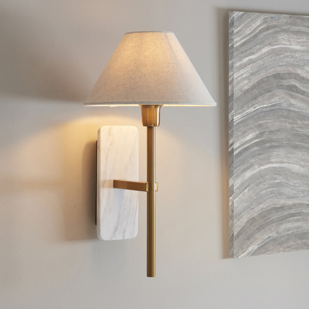 Endon 120638 Faro Wall Light White Volakas Marble & Vintage Brass With Natural Linen