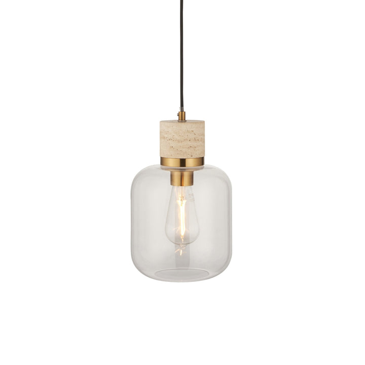 Endon 120658 Travi Pendant Natural Travertine, Vintage Brass & Clear Glass