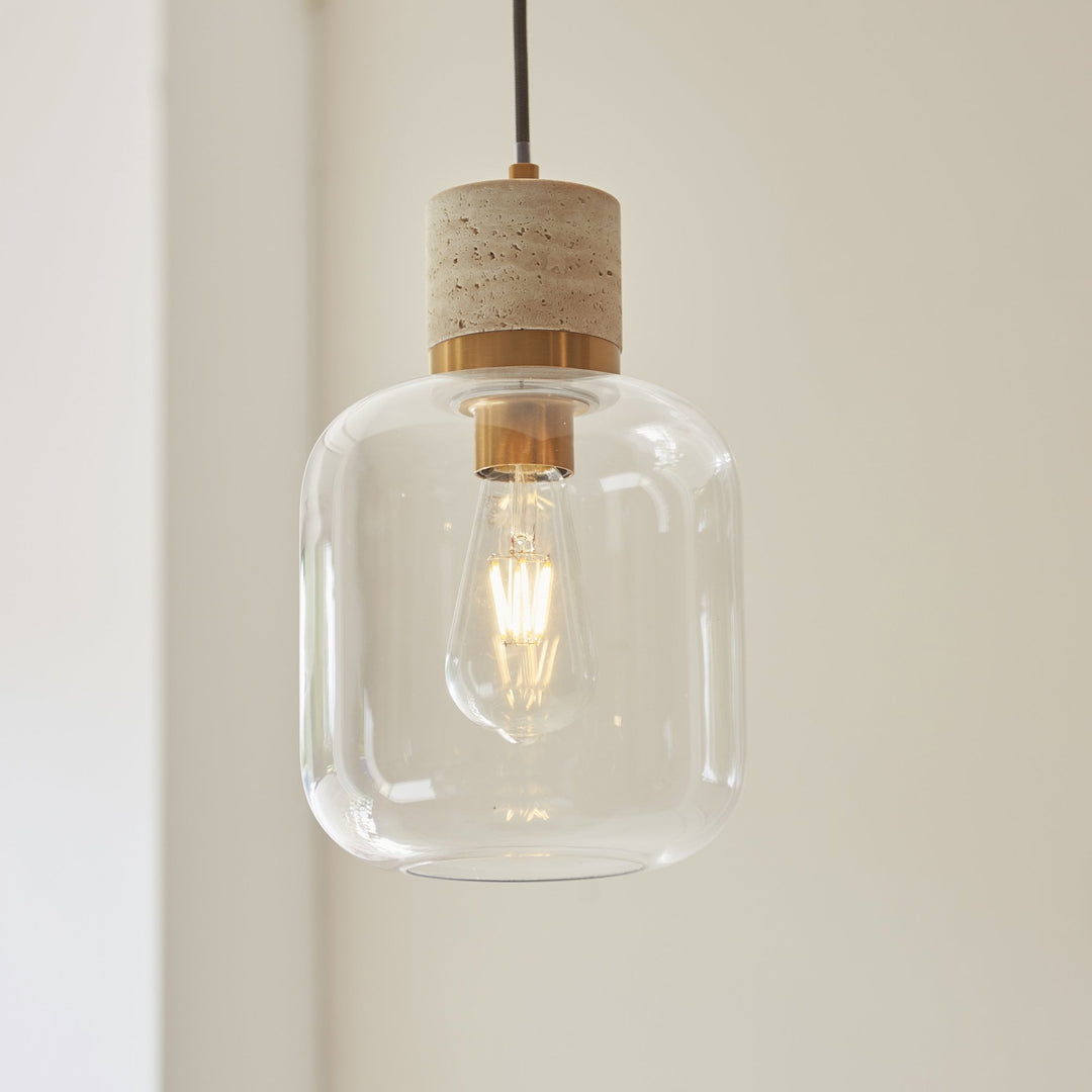 Endon 120658 Travi Pendant Natural Travertine, Vintage Brass & Clear Glass