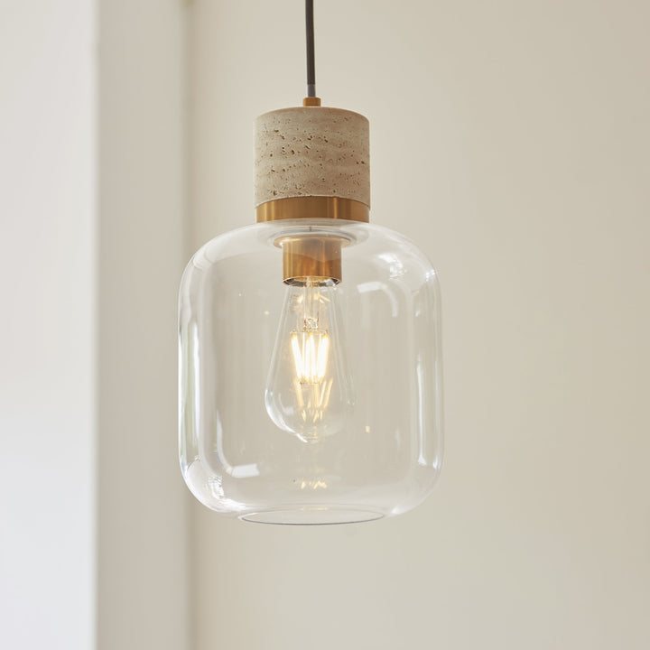 Endon 120658 Travi Pendant Natural Travertine, Vintage Brass & Clear Glass