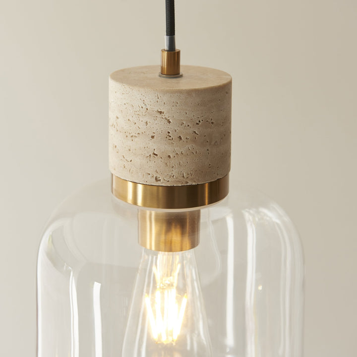 Endon 120658 Travi Pendant Natural Travertine, Vintage Brass & Clear Glass