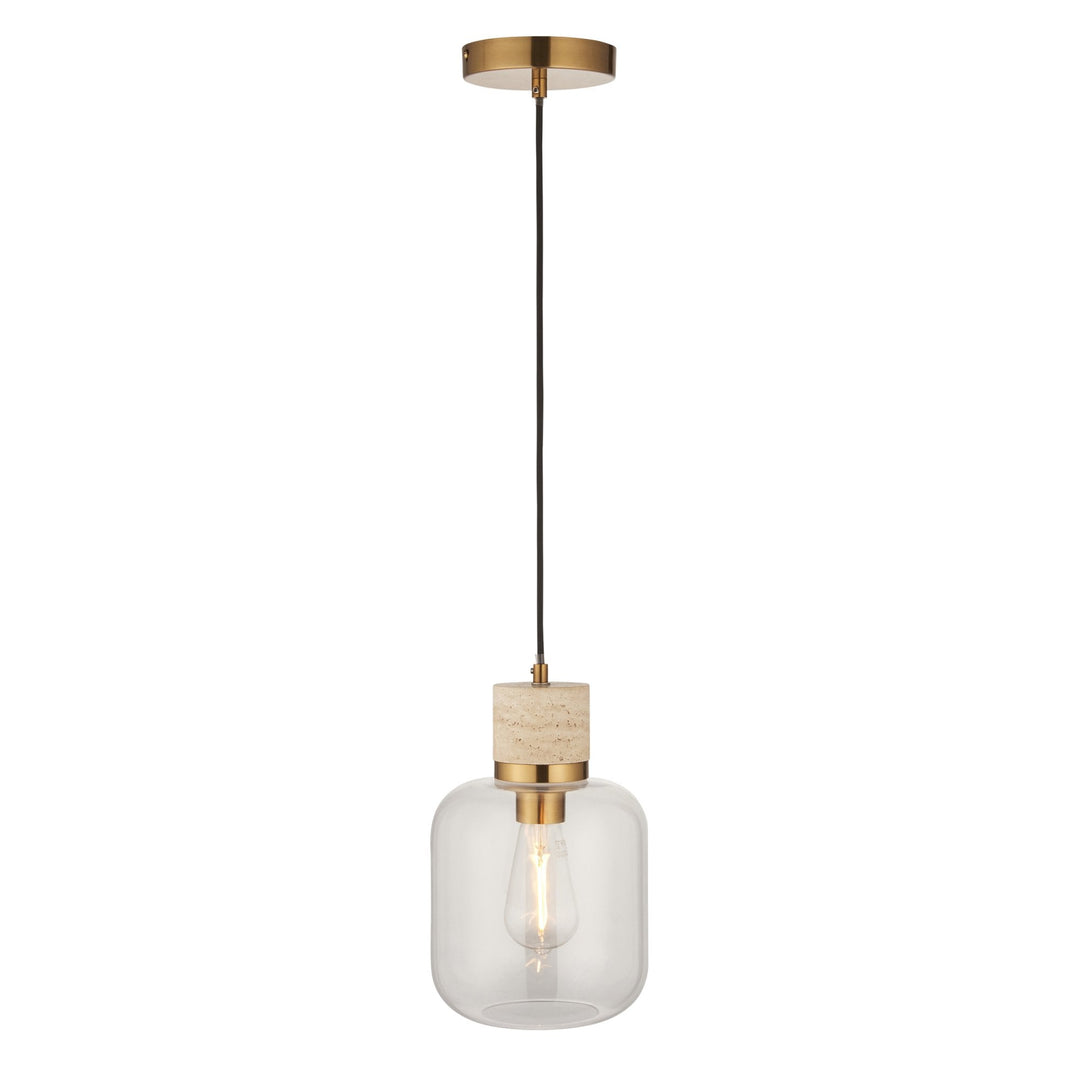 Endon 120658 Travi Pendant Natural Travertine, Vintage Brass & Clear Glass