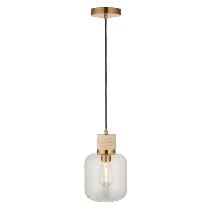 Endon 120658 Travi Pendant Natural Travertine, Vintage Brass & Clear Glass