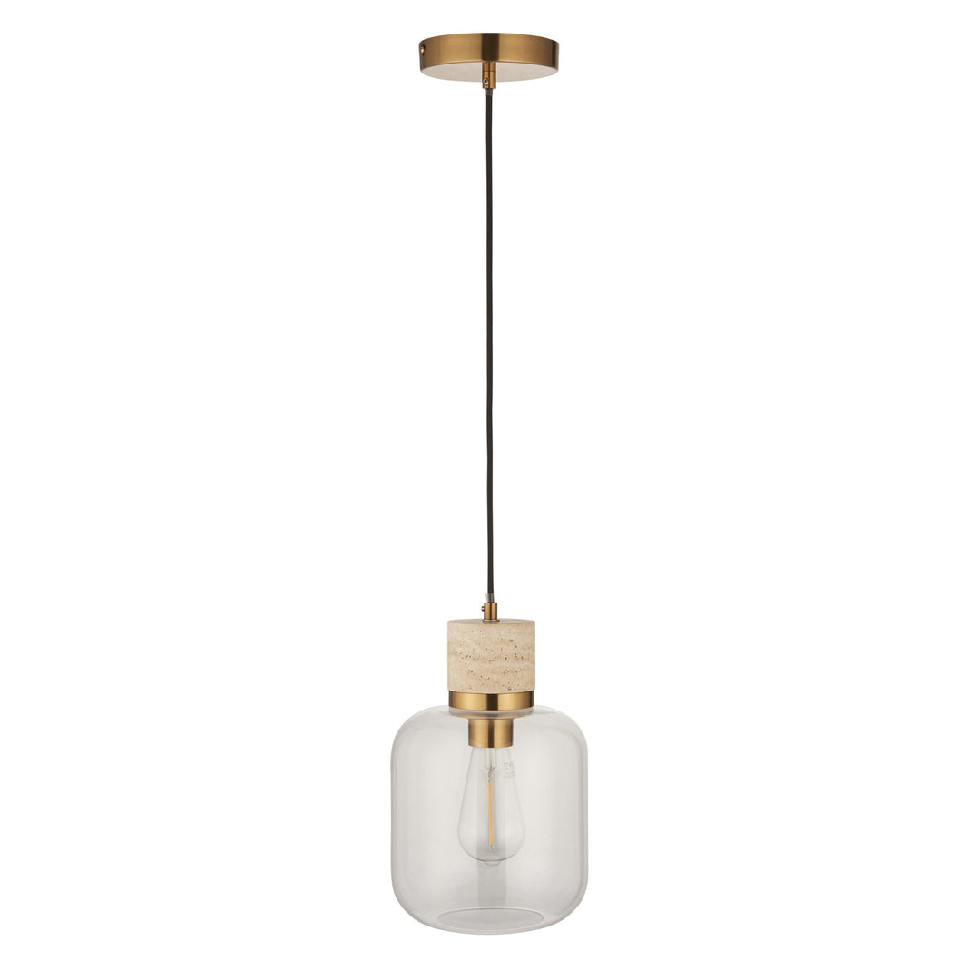 Endon 120658 Travi Pendant Natural Travertine, Vintage Brass & Clear Glass