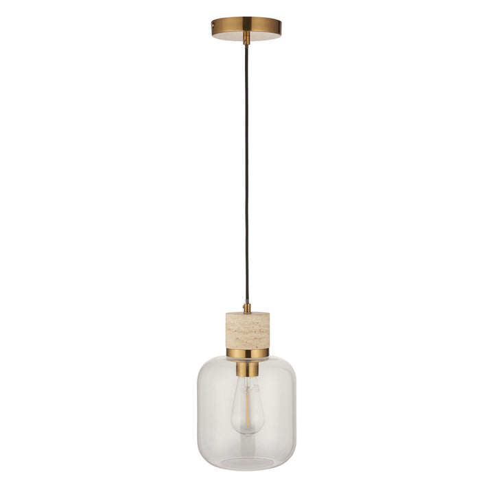 Endon 120658 Travi Pendant Natural Travertine, Vintage Brass & Clear Glass