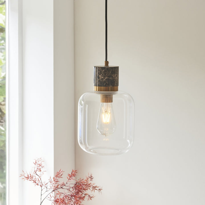 Endon 120659 Travi Pendant Dark Brown Emperador Marble, Vintage Brass &amp; Clear Glass