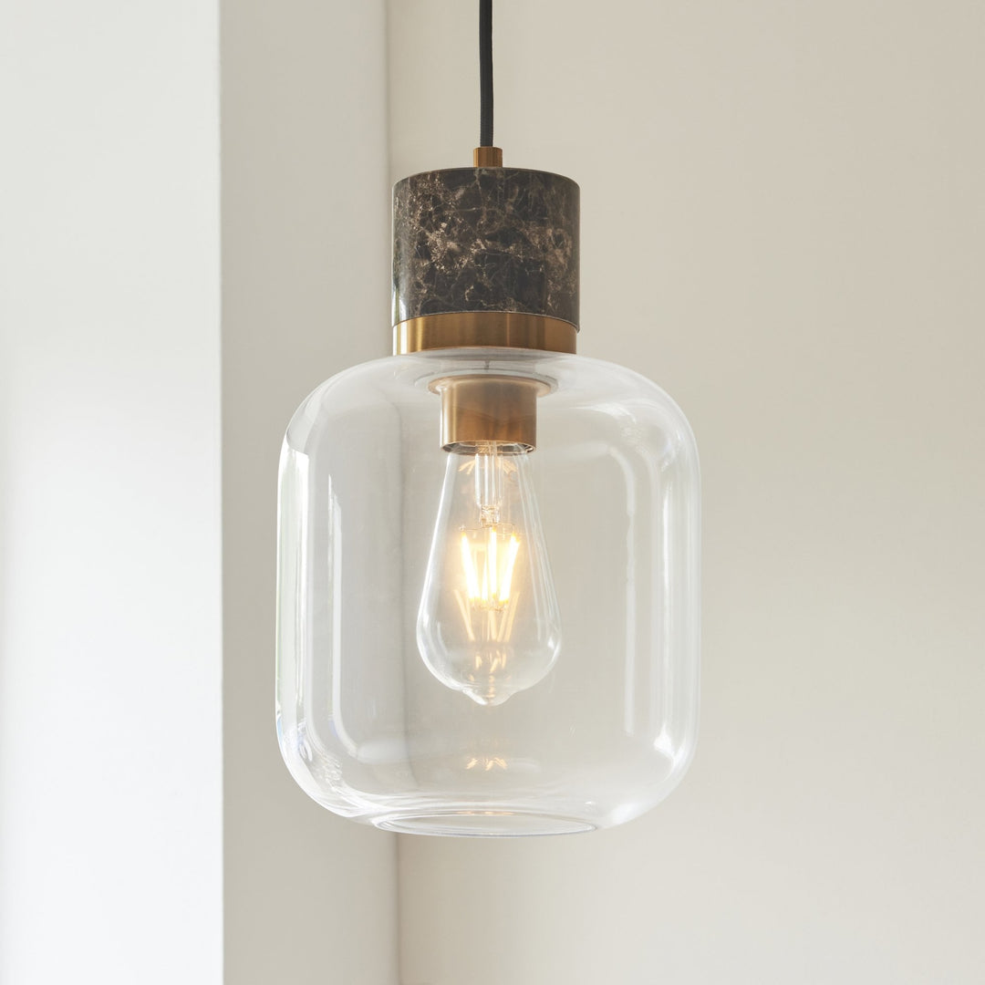 Endon 120659 Travi Pendant Dark Brown Emperador Marble, Vintage Brass &amp; Clear Glass