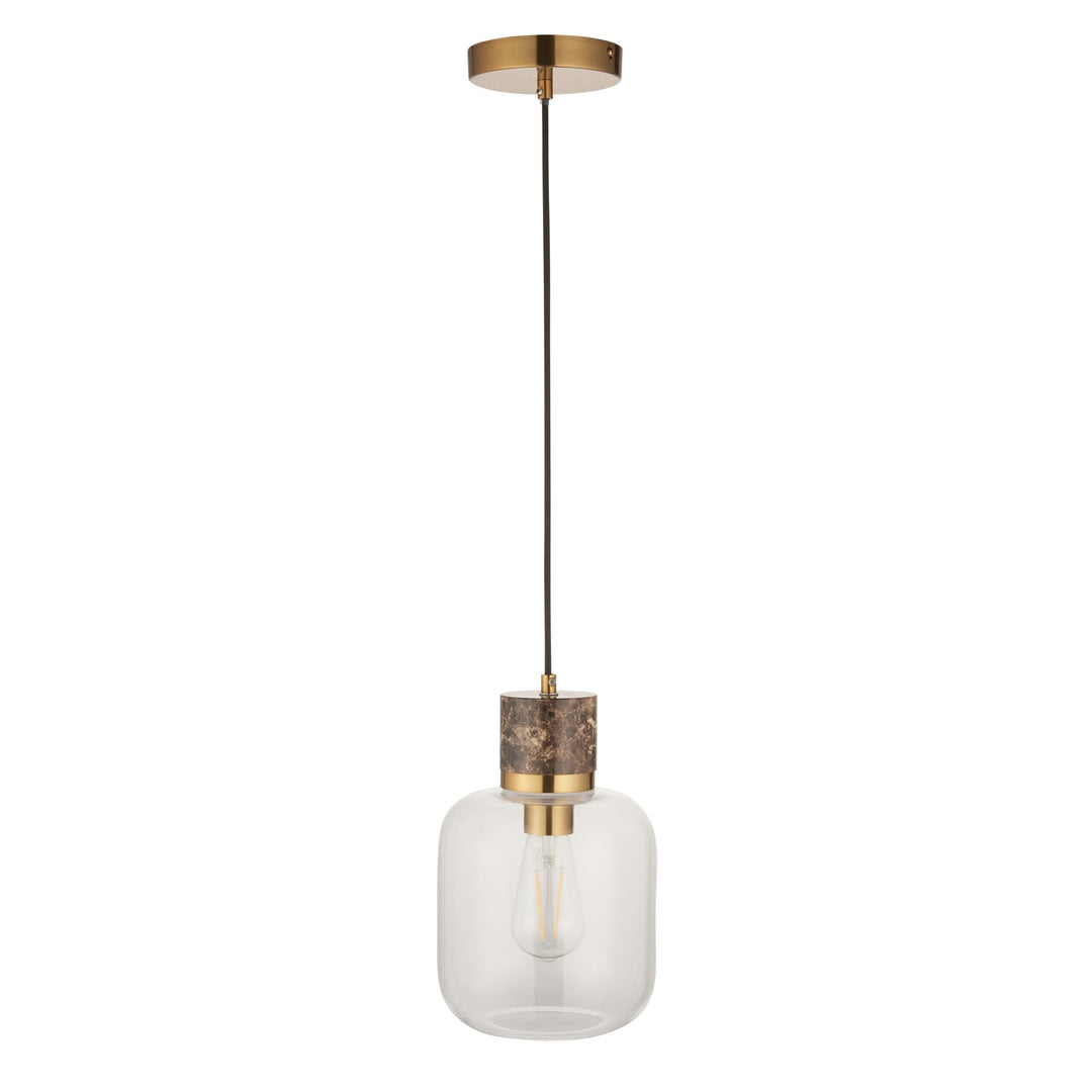 Endon 120659 Travi Pendant Dark Brown Emperador Marble, Vintage Brass &amp; Clear Glass