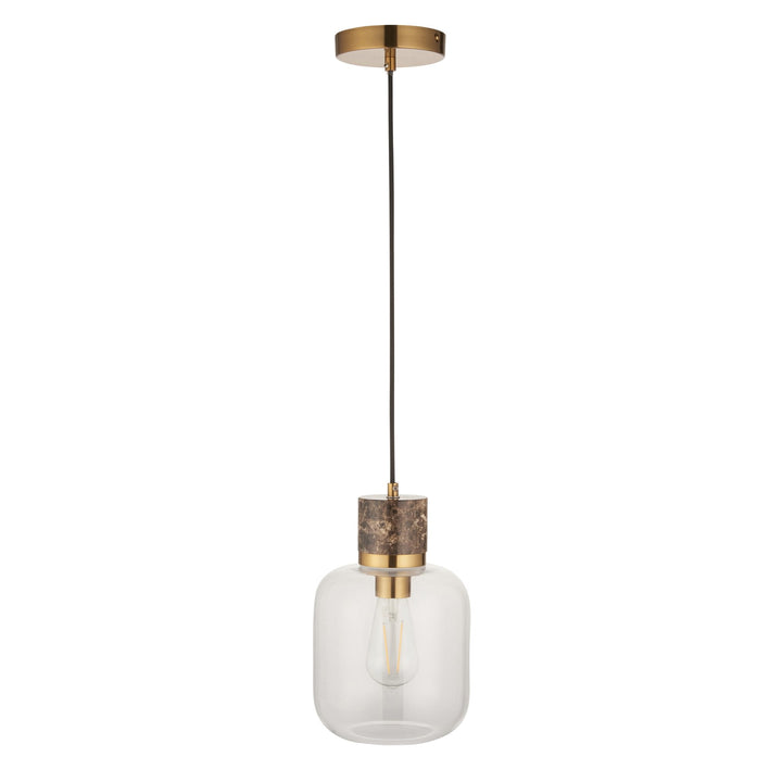 Endon 120659 Travi Pendant Dark Brown Emperador Marble, Vintage Brass &amp; Clear Glass