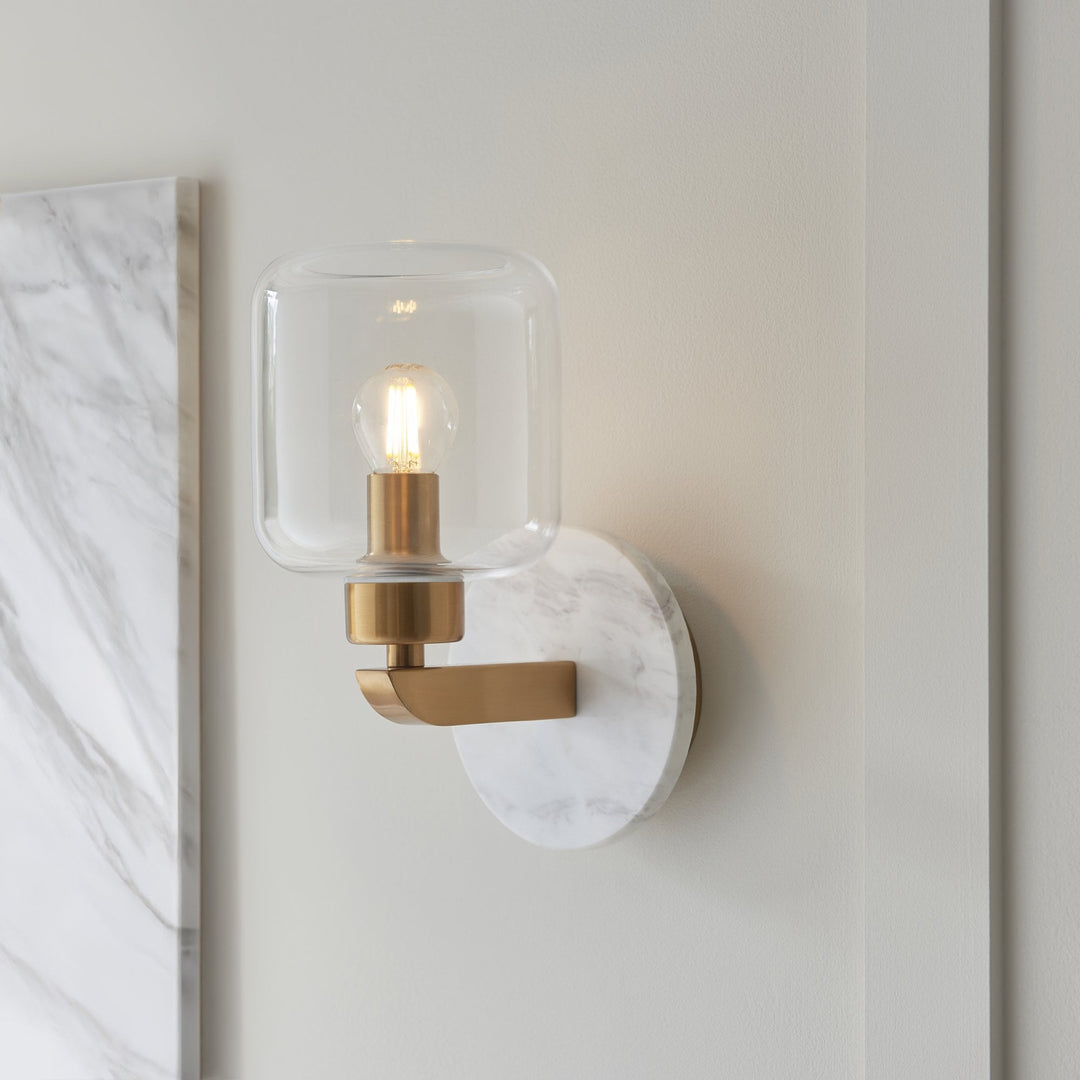 Endon 120660 Travi Wall Light White Volakas Marble, Vintage Brass & Clear Glass