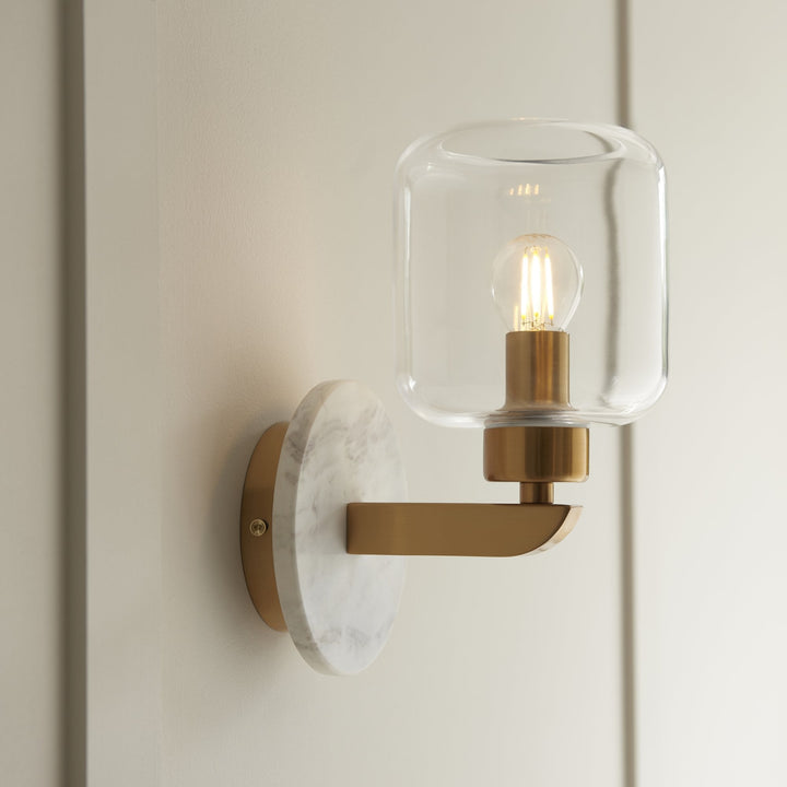 Endon 120660 Travi Wall Light White Volakas Marble, Vintage Brass & Clear Glass