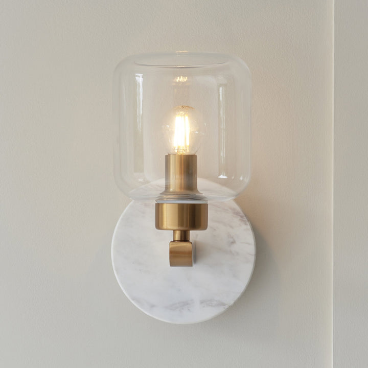 Endon 120660 Travi Wall Light White Volakas Marble, Vintage Brass & Clear Glass