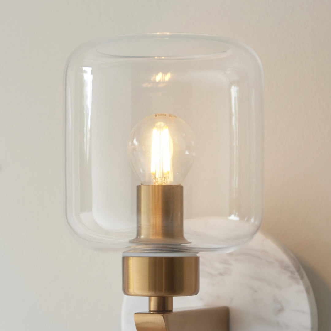 Endon 120660 Travi Wall Light White Volakas Marble, Vintage Brass & Clear Glass