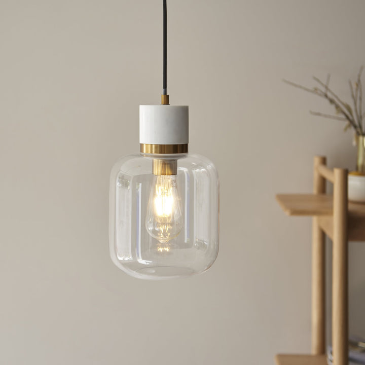 Endon 120661 Travi Pendant White Volakas Marble, Vintage Brass & Clear Glass