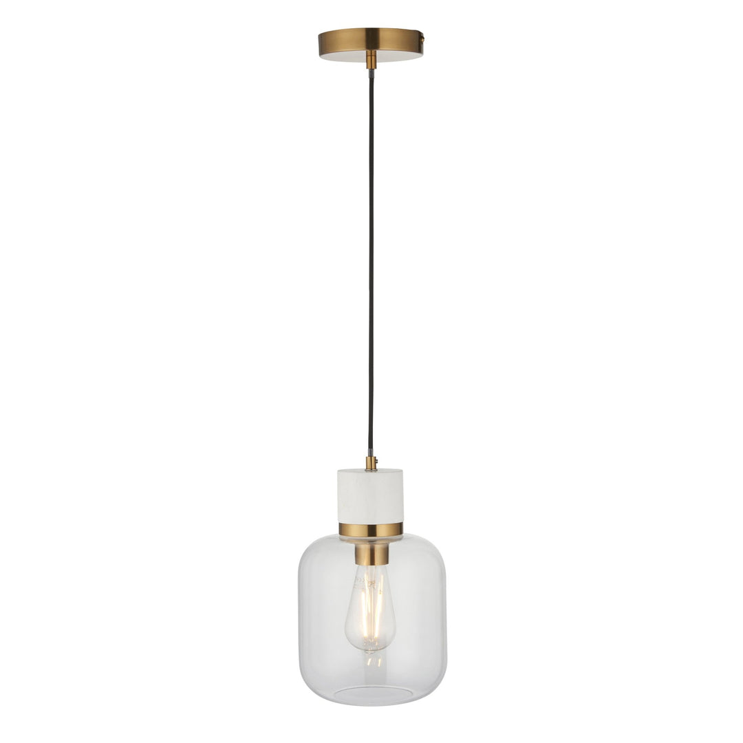 Endon 120661 Travi Pendant White Volakas Marble, Vintage Brass & Clear Glass