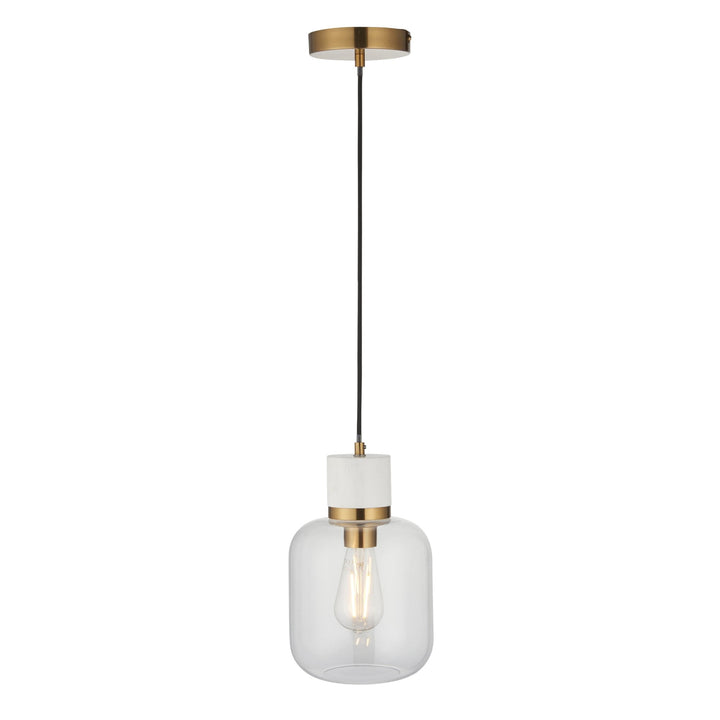 Endon 120661 Travi Pendant White Volakas Marble, Vintage Brass & Clear Glass