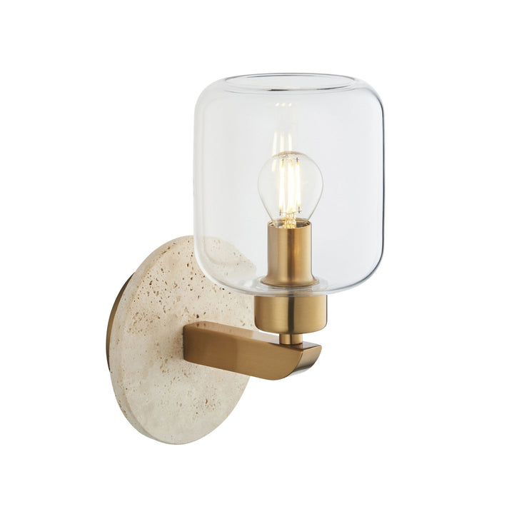 Endon 120662 Travi Wall Light Natural Travertine, Vintage Brass & Clear Glass