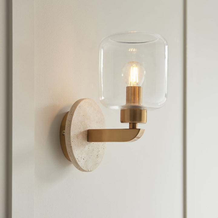 Endon 120662 Travi Wall Light Natural Travertine, Vintage Brass & Clear Glass