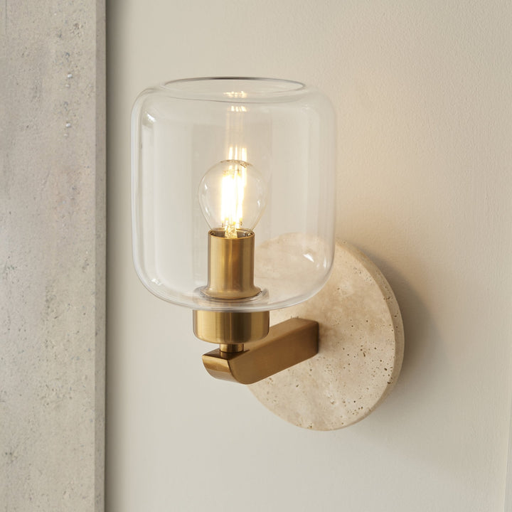 Endon 120662 Travi Wall Light Natural Travertine, Vintage Brass & Clear Glass