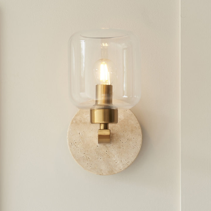 Endon 120662 Travi Wall Light Natural Travertine, Vintage Brass & Clear Glass