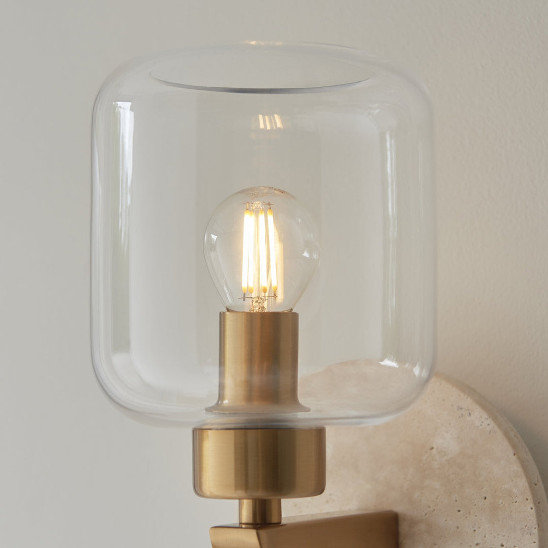 Endon 120662 Travi Wall Light Natural Travertine, Vintage Brass & Clear Glass