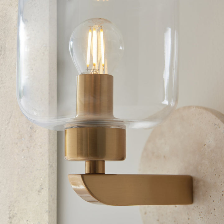 Endon 120662 Travi Wall Light Natural Travertine, Vintage Brass & Clear Glass