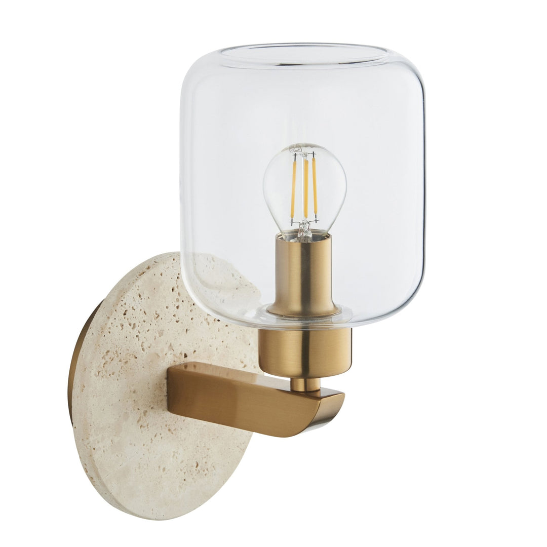 Endon 120662 Travi Wall Light Natural Travertine, Vintage Brass & Clear Glass