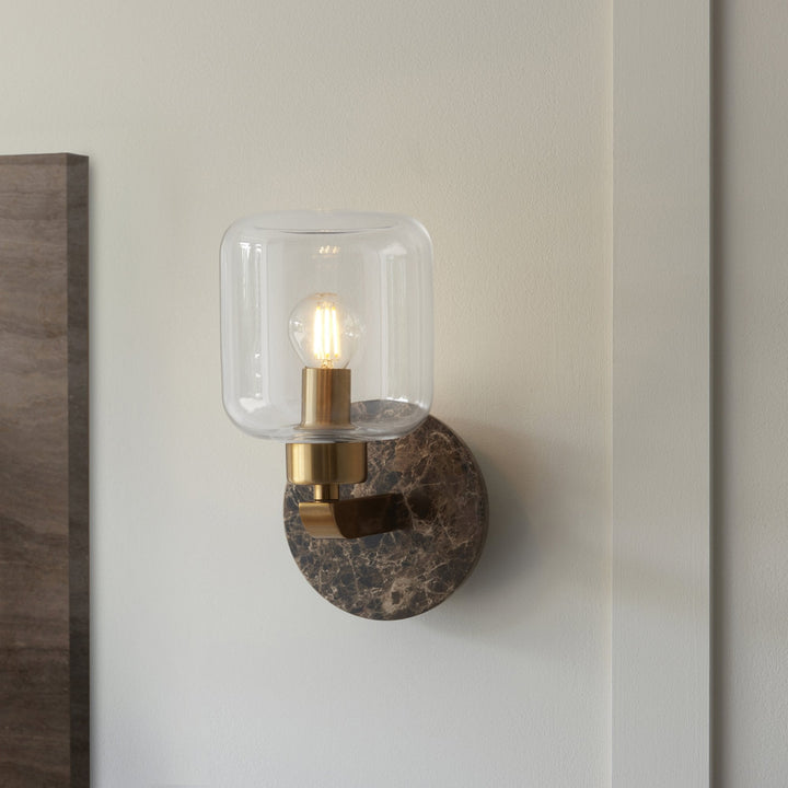 Endon 120663 Travi Wall Light Dark Brown Emperador Marble, Vintage Brass &amp; Clear Glass