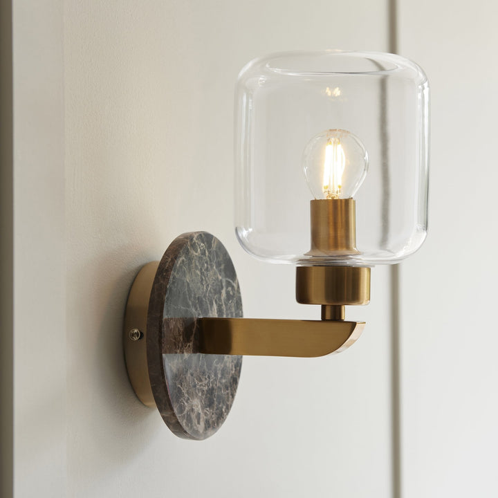 Endon 120663 Travi Wall Light Dark Brown Emperador Marble, Vintage Brass &amp; Clear Glass