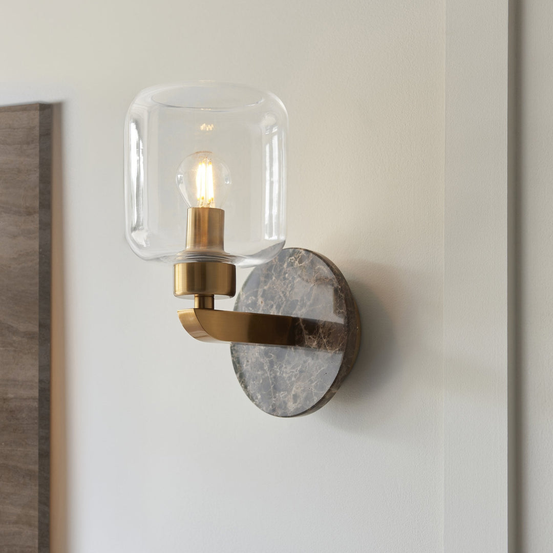 Endon 120663 Travi Wall Light Dark Brown Emperador Marble, Vintage Brass &amp; Clear Glass