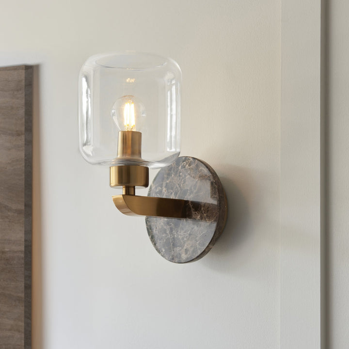 Endon 120663 Travi Wall Light Dark Brown Emperador Marble, Vintage Brass &amp; Clear Glass