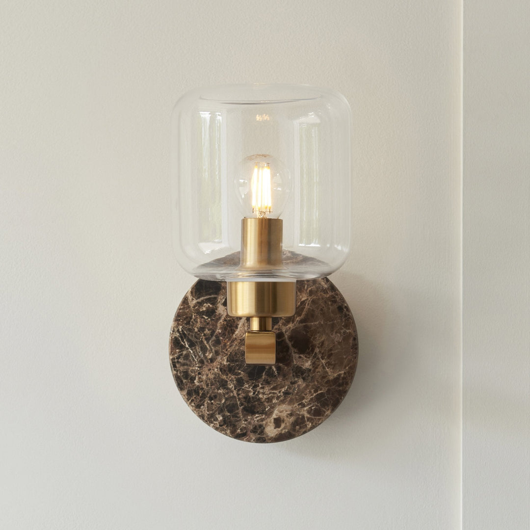 Endon 120663 Travi Wall Light Dark Brown Emperador Marble, Vintage Brass &amp; Clear Glass