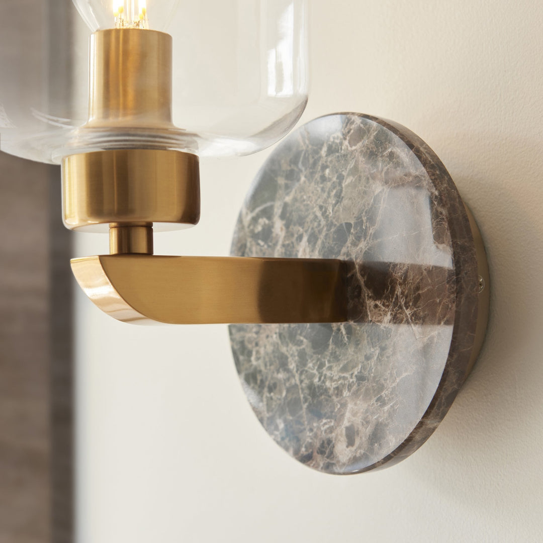 Endon 120663 Travi Wall Light Dark Brown Emperador Marble, Vintage Brass &amp; Clear Glass