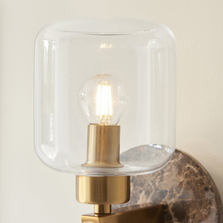 Endon 120663 Travi Wall Light Dark Brown Emperador Marble, Vintage Brass &amp; Clear Glass