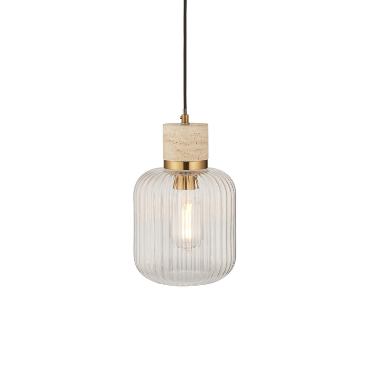 Endon 120664 Travi Ribbed Pendant Natural Travertine, Vintage Brass & Clear Ribbed Glass
