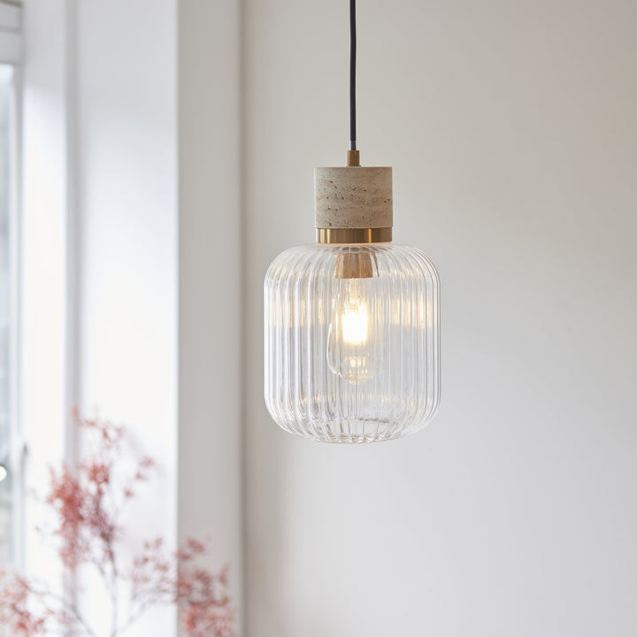 Endon 120664 Travi Ribbed Pendant Natural Travertine, Vintage Brass & Clear Ribbed Glass