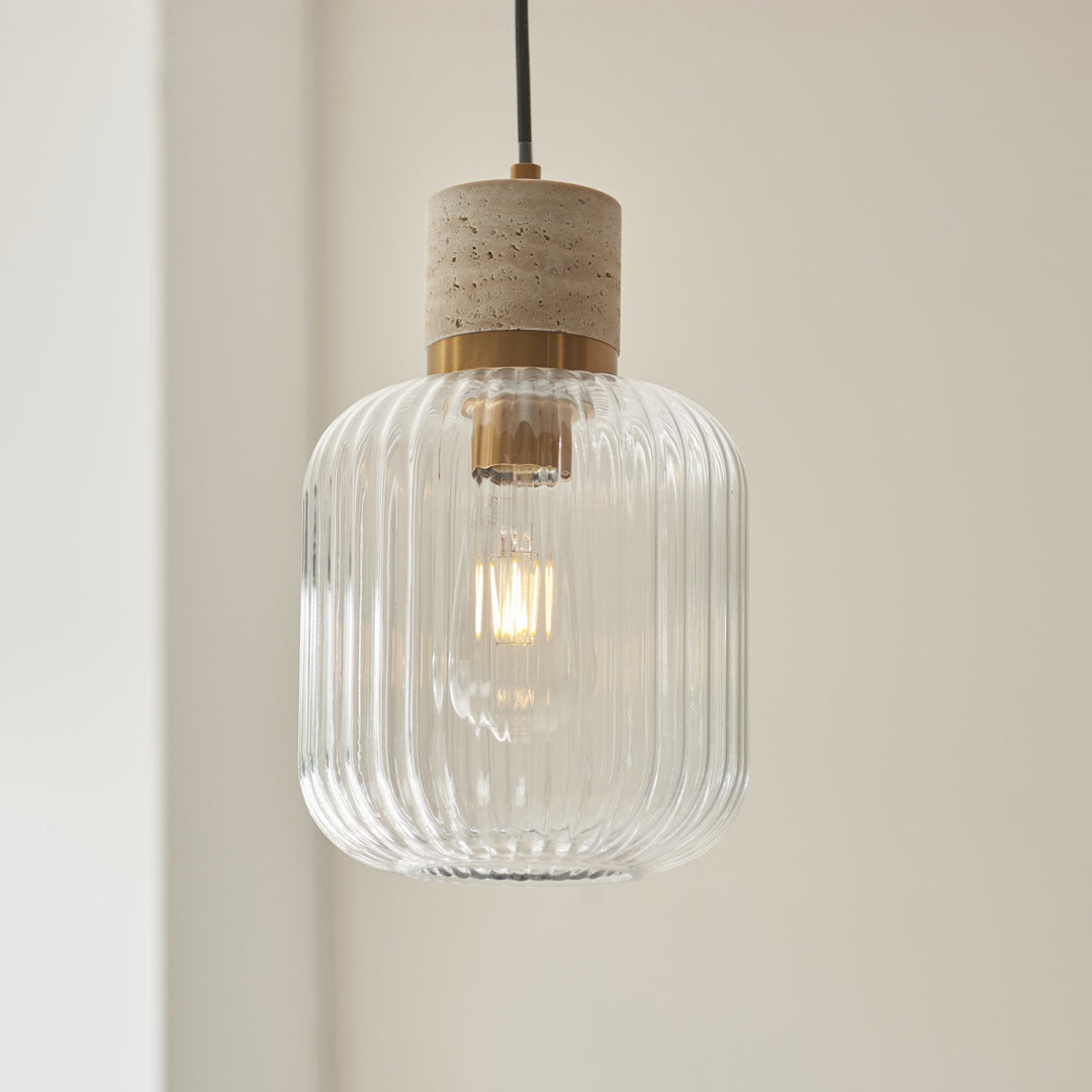 Endon 120664 Travi Ribbed Pendant Natural Travertine, Vintage Brass & Clear Ribbed Glass