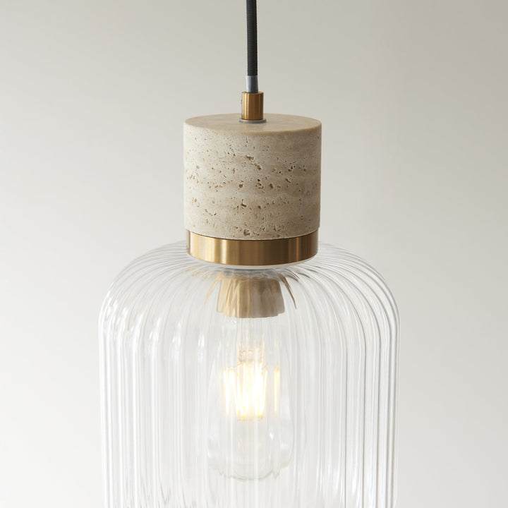 Endon 120664 Travi Ribbed Pendant Natural Travertine, Vintage Brass & Clear Ribbed Glass