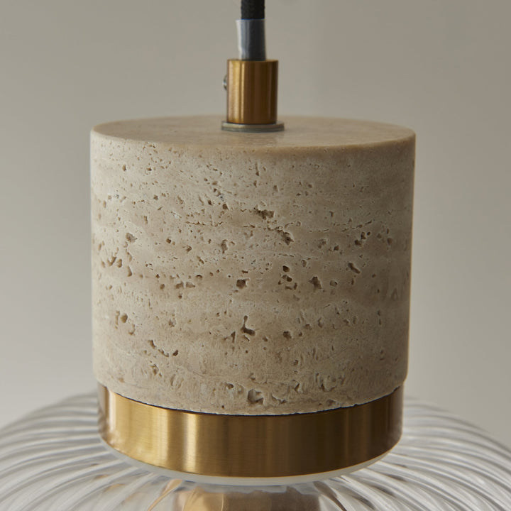 Endon 120664 Travi Ribbed Pendant Natural Travertine, Vintage Brass & Clear Ribbed Glass