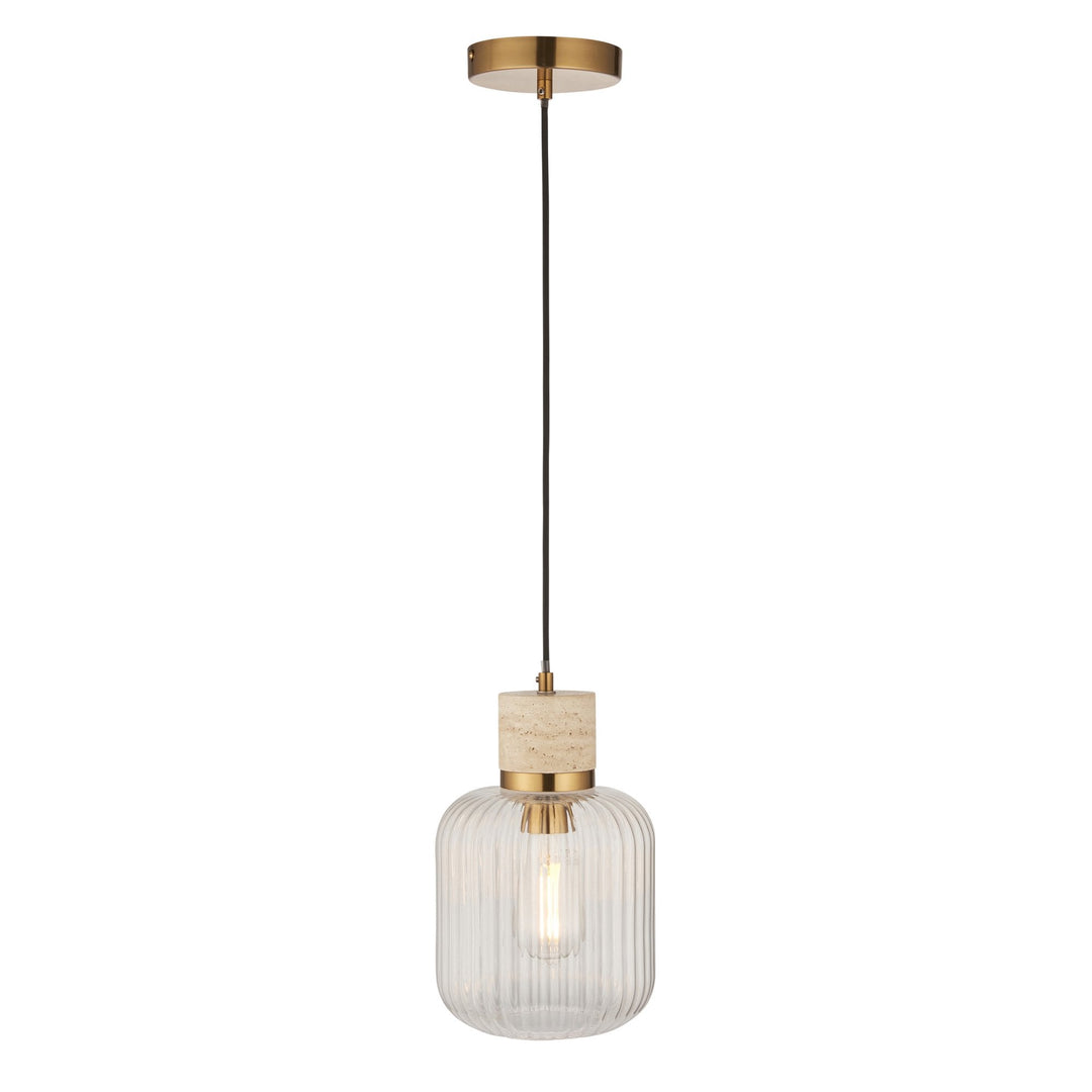 Endon 120664 Travi Ribbed Pendant Natural Travertine, Vintage Brass & Clear Ribbed Glass
