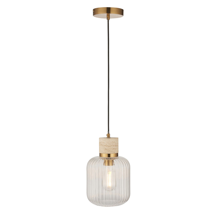 Endon 120664 Travi Ribbed Pendant Natural Travertine, Vintage Brass & Clear Ribbed Glass